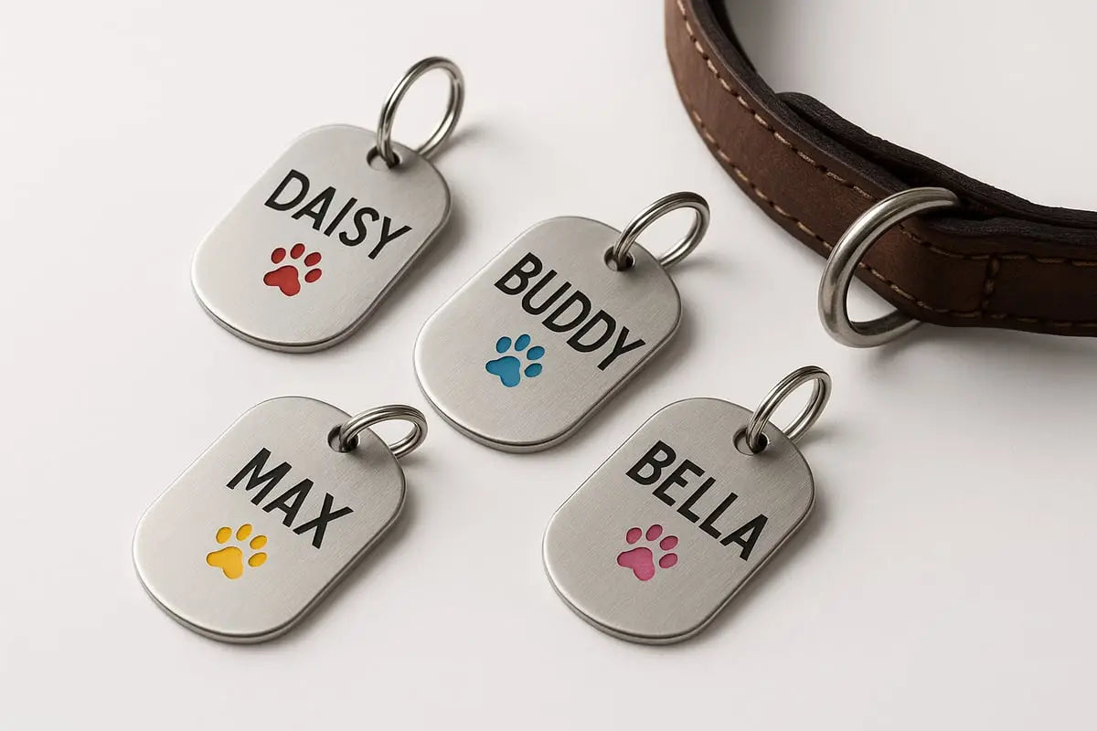 silberne hundemarken aus metall mit eingravierten namen und bunten pfotenabdrücken passend zum artikel hunde tags alles wichtige für deinen vierbeiner