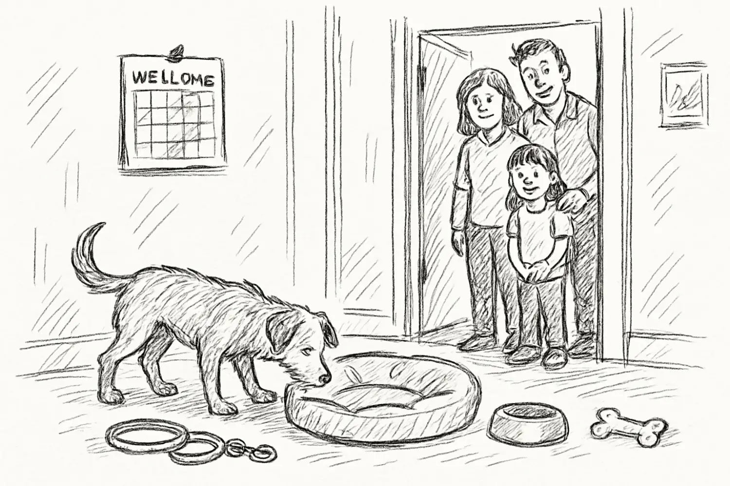 eine skizze einer familie, die lächelnd in der tür steht und ihren hund ansieht, passend zum artikel alles für hunde der ultimative guide für einsteiger 2025.