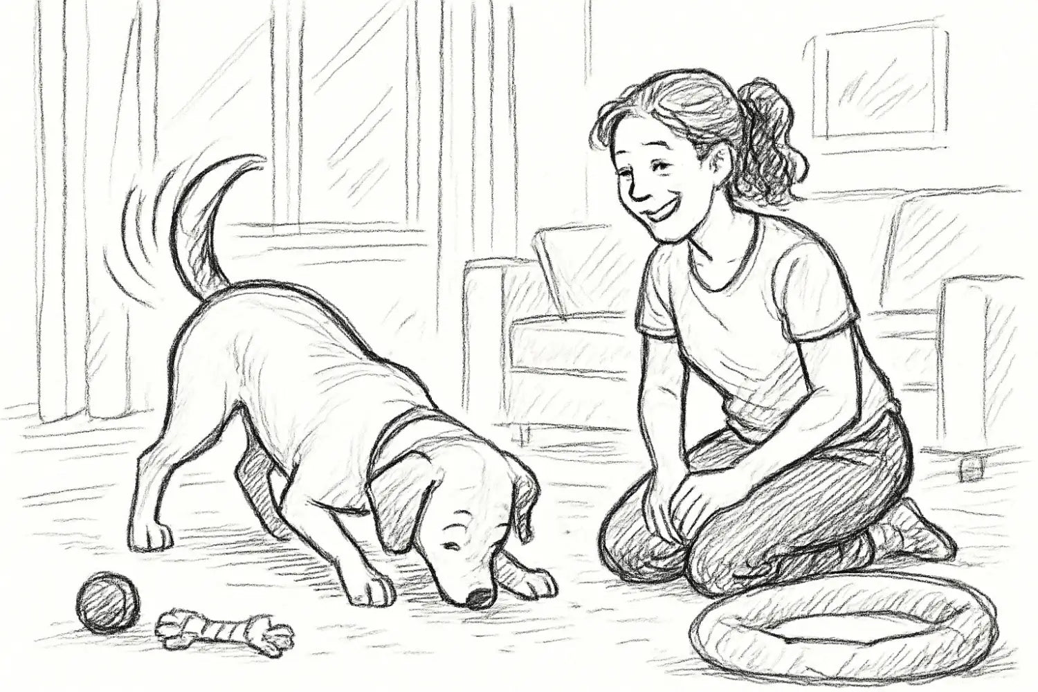 skizze einer frau, die neben einem wedelnden hund auf dem boden kniet, passend zu 7 spiel ideen mit dem hund