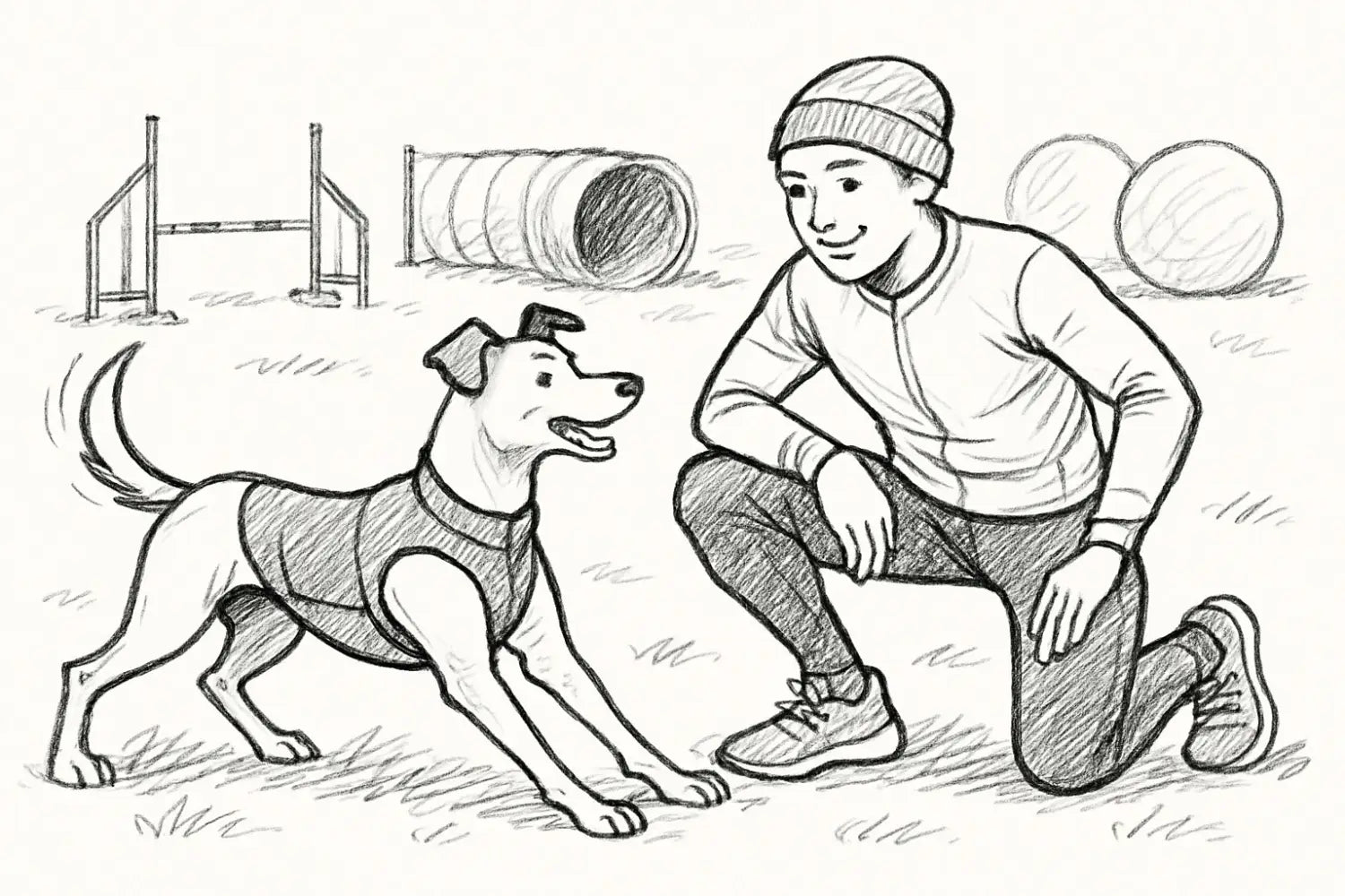 skizze eines mannes in freizeitkleidung kniend neben einem energiegeladenen hund mit geschirr neben agility-gerät für sport für hunde aktivitäten