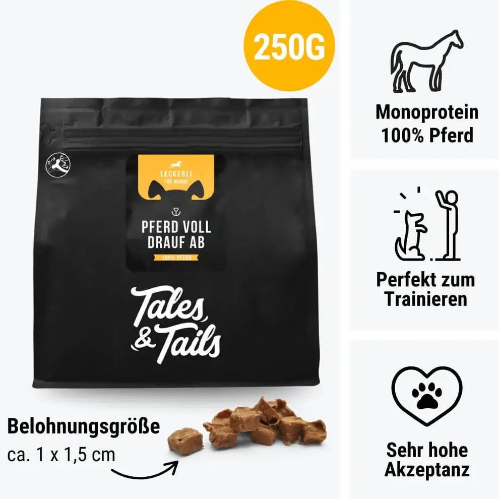 Schwarzer Beutel Tales & Tails Pferd voll drauf ab Pferdefleisch Leckerli 250g