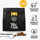 Schwarzer Beutel Tales & Tails Pferd voll drauf ab Pferdefleisch Leckerli 250g