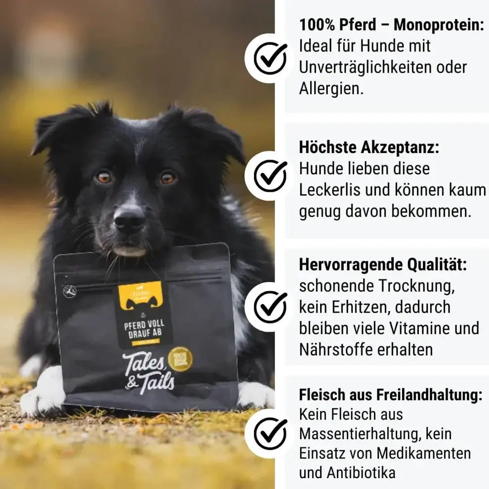 Schwarzer Beutel Tales & Tails pferd voll Pferdefleisch Leckerli für Hunde