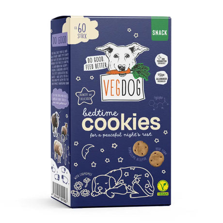 Blaue vegdog bedtime cookies box mit weißem cartoon-hund, karotte, schlafenden hunden und sternen, 400 gramm
