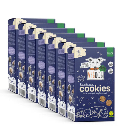 Blauer karton vegdog bedtime cookies 400 gramm mit cartoon hund und schlafenden hunden unter sternen