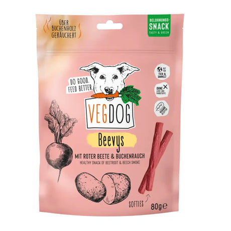 Pink verpackung von beevys 80 g vegdog hundeleckerlis mit cartoon hund und gemüse für hundespaß hundspielzeug