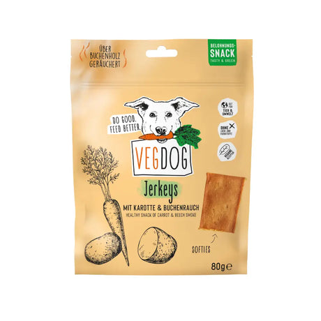 Vegdog jerkeys gesunde hundebelohnung 80 g beige tasche mit karotte und beech smoke für hundespielzeug und hundehalsband fans