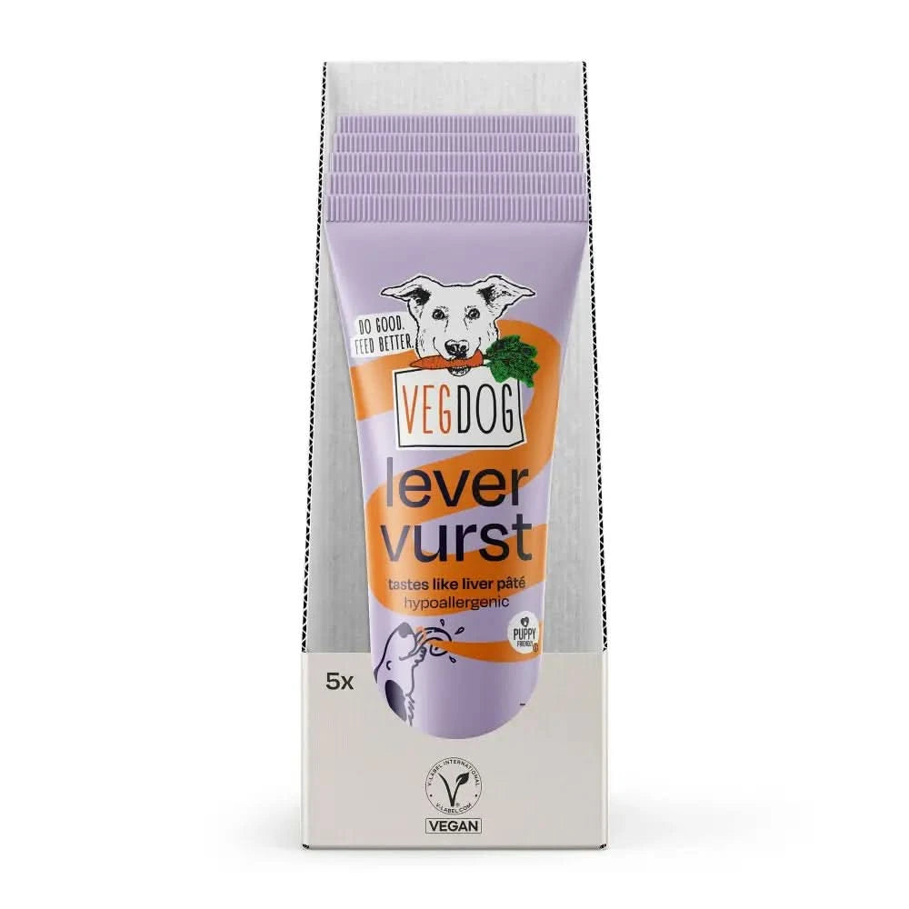 Purple und orange tube mit vegdog lever wurst veganem hundefutter pâté für hunde