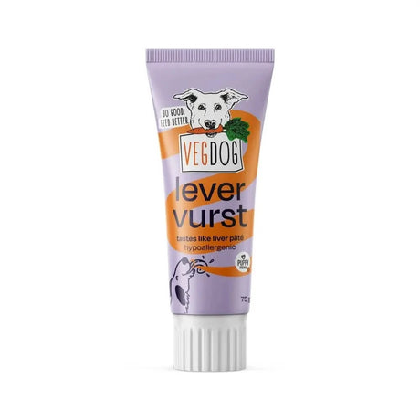 Violett und orange vegdog lever wurst tube mit hypoallergenem lever wurst hundepâté snack
