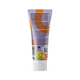 A tube of orange and white vegdog lever wurst dog supplement with a purple cap labeled vegan showing ingredient info
