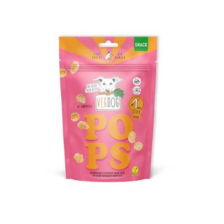 Popp 20 g vegdog hundesnack in pink und orange verpackung mit karotte und cartoon hund für hundespielzeug nutzung