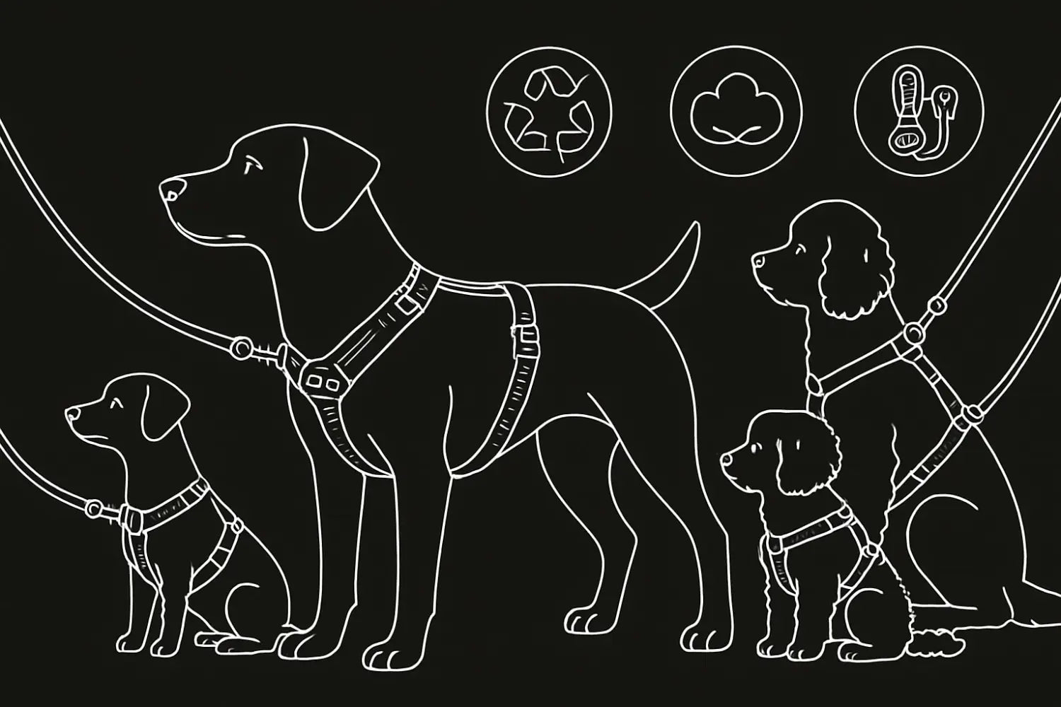 weiß line-art hundegeschirre auf schwarzem hintergrund für den hundegeschirr und leinen guide 2025 tipps und auswahl für hunde