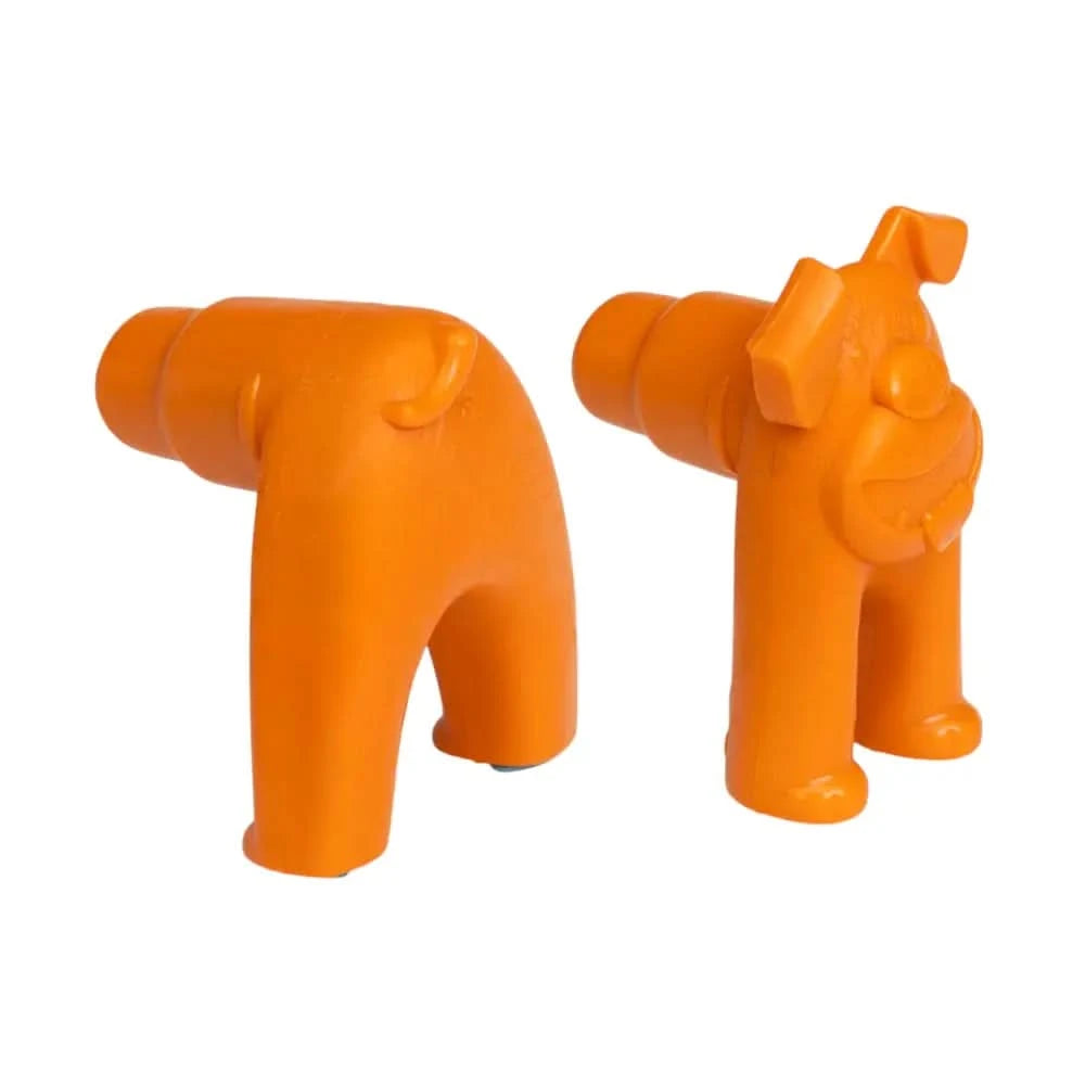 Helle orange plastik hundformige wasserhahnabdeckungen als robuste futterpuzzle von west paw toppl