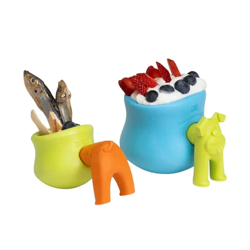 Hellblaue und limettgrüne silikon hundeschalenhalter mit verspielten welpenfiguren für west paw toppl stopper