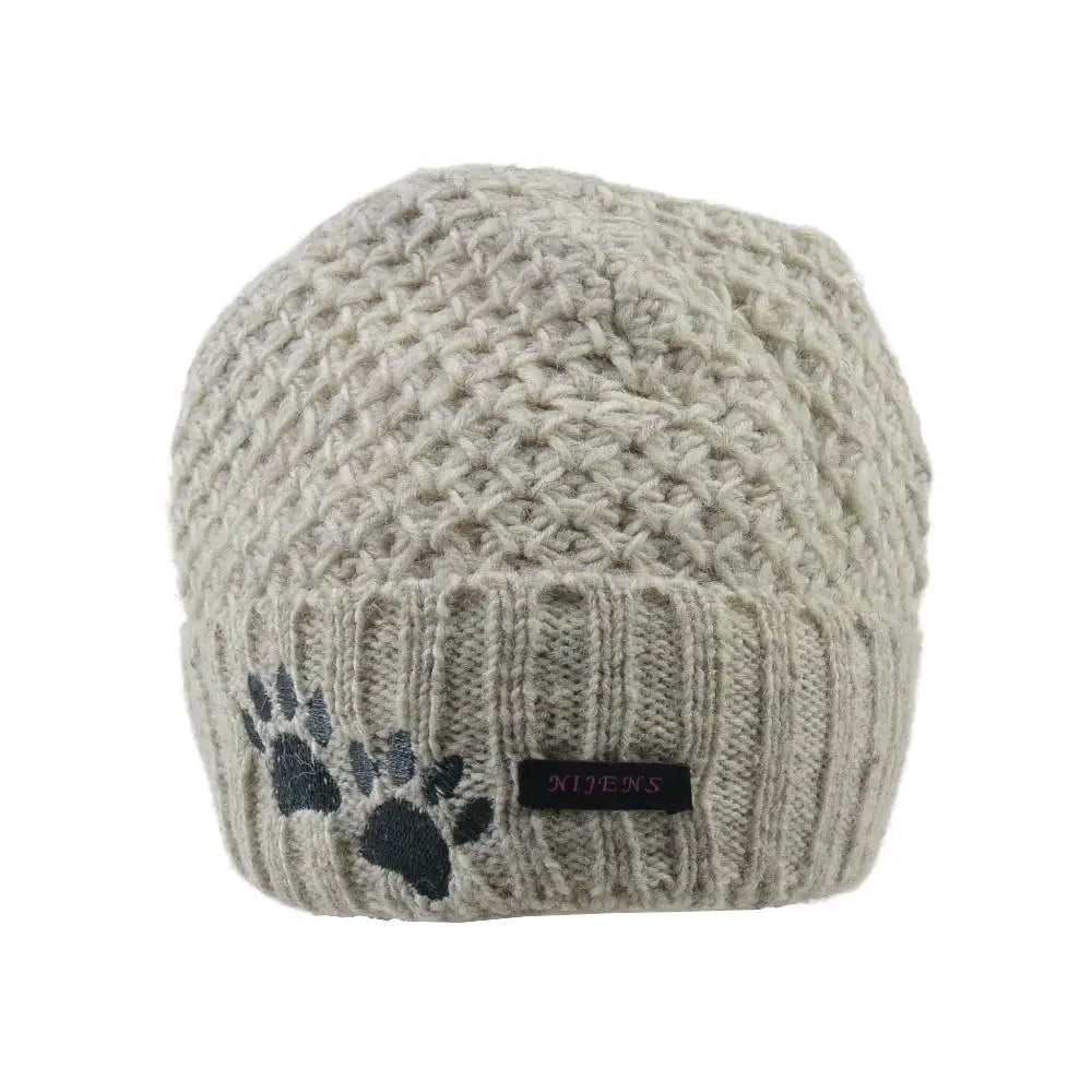 Beige Wollmütze mit dunklen Pfotenstickereien, perfekt für deinen Hund und Hundespielzeug