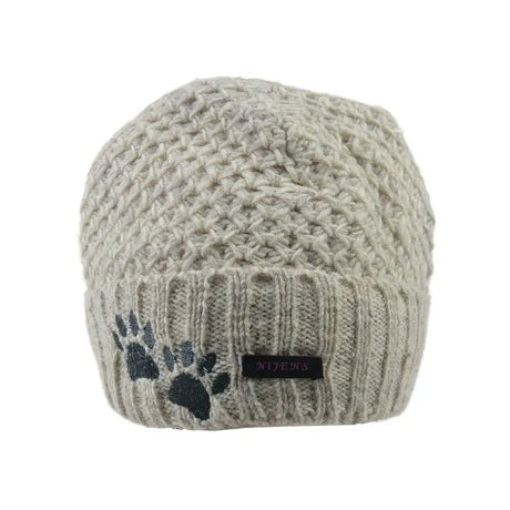 Beige Wollmütze mit dunklen Pfotenstickereien, perfekt für deinen Hund und Hundespielzeug